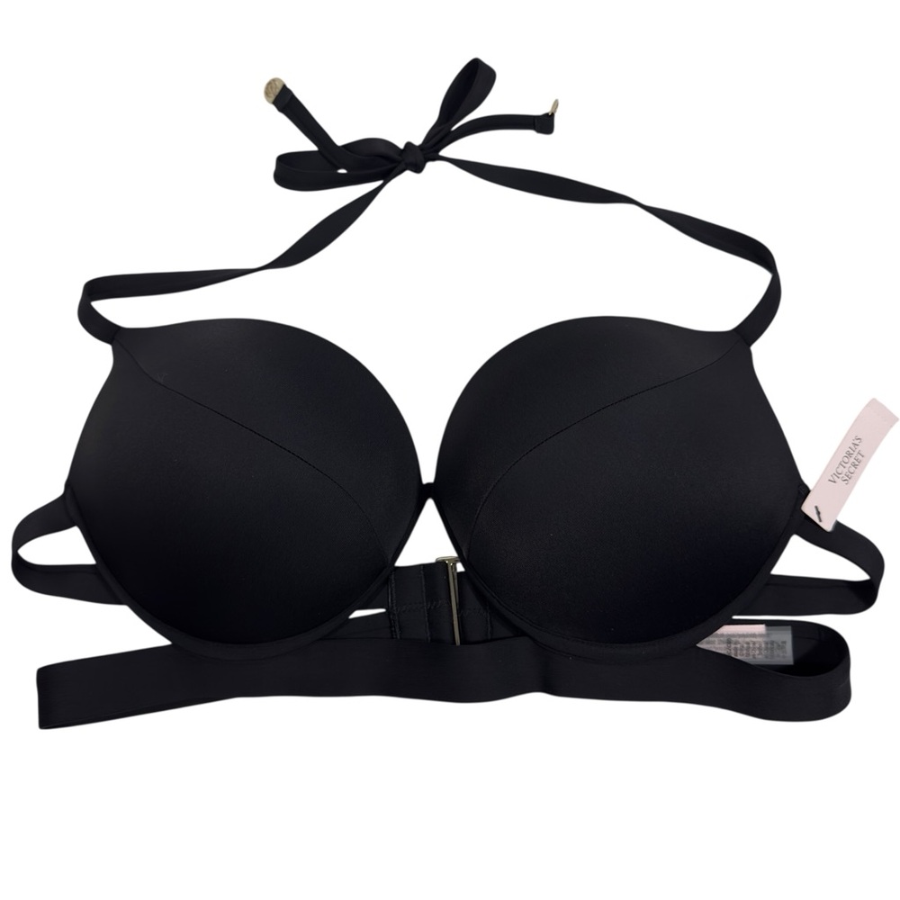 Victoria’s Secret Black Halter Push-Up‎ Bikini Top 38C Gold Logo Detail NWT